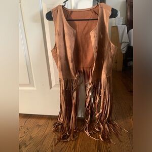 Faux suede Medium fringe open vest Brown
